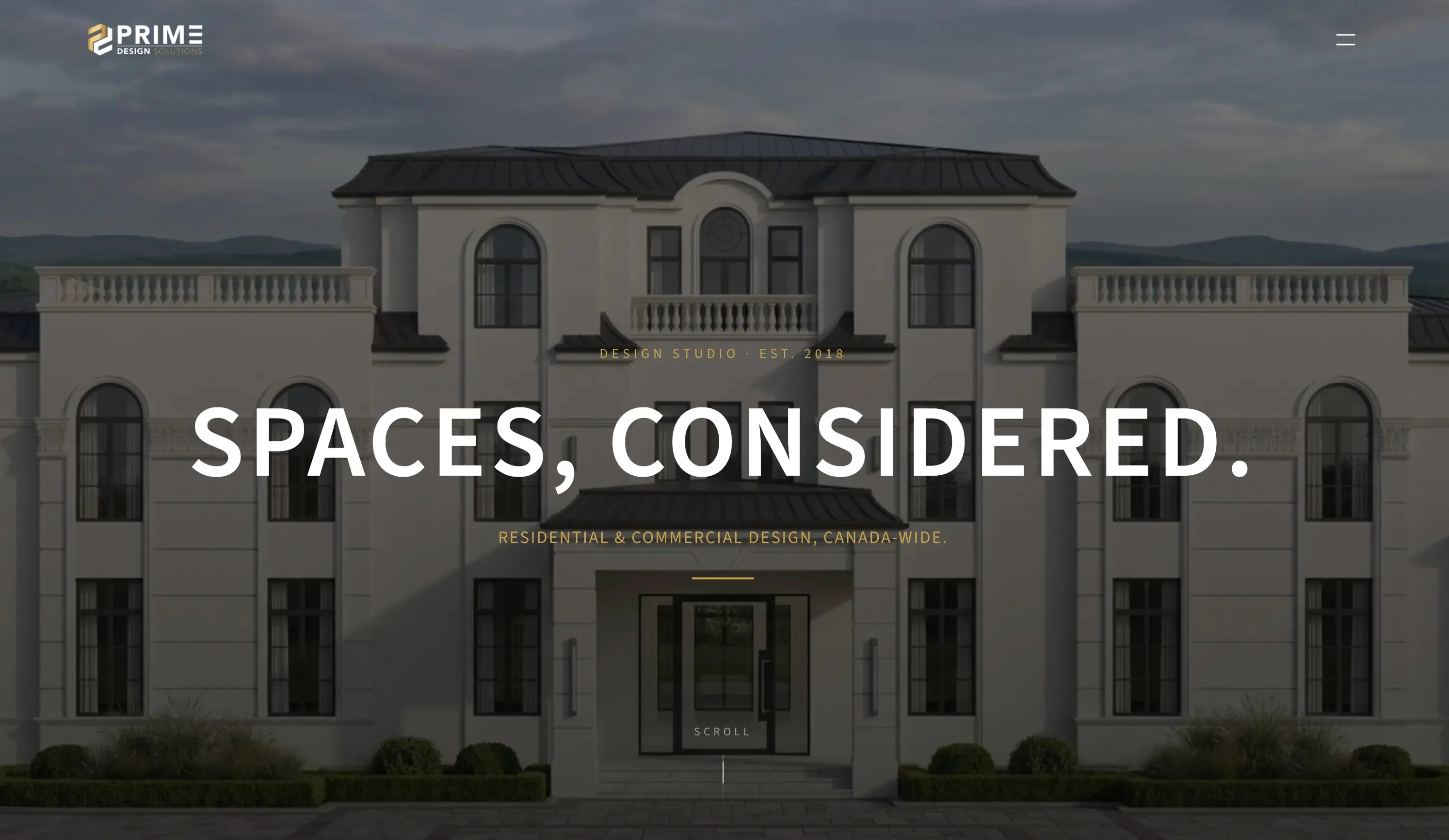 The rebuilt Prime Design Solutions homepage, a full-screen residential design rendering