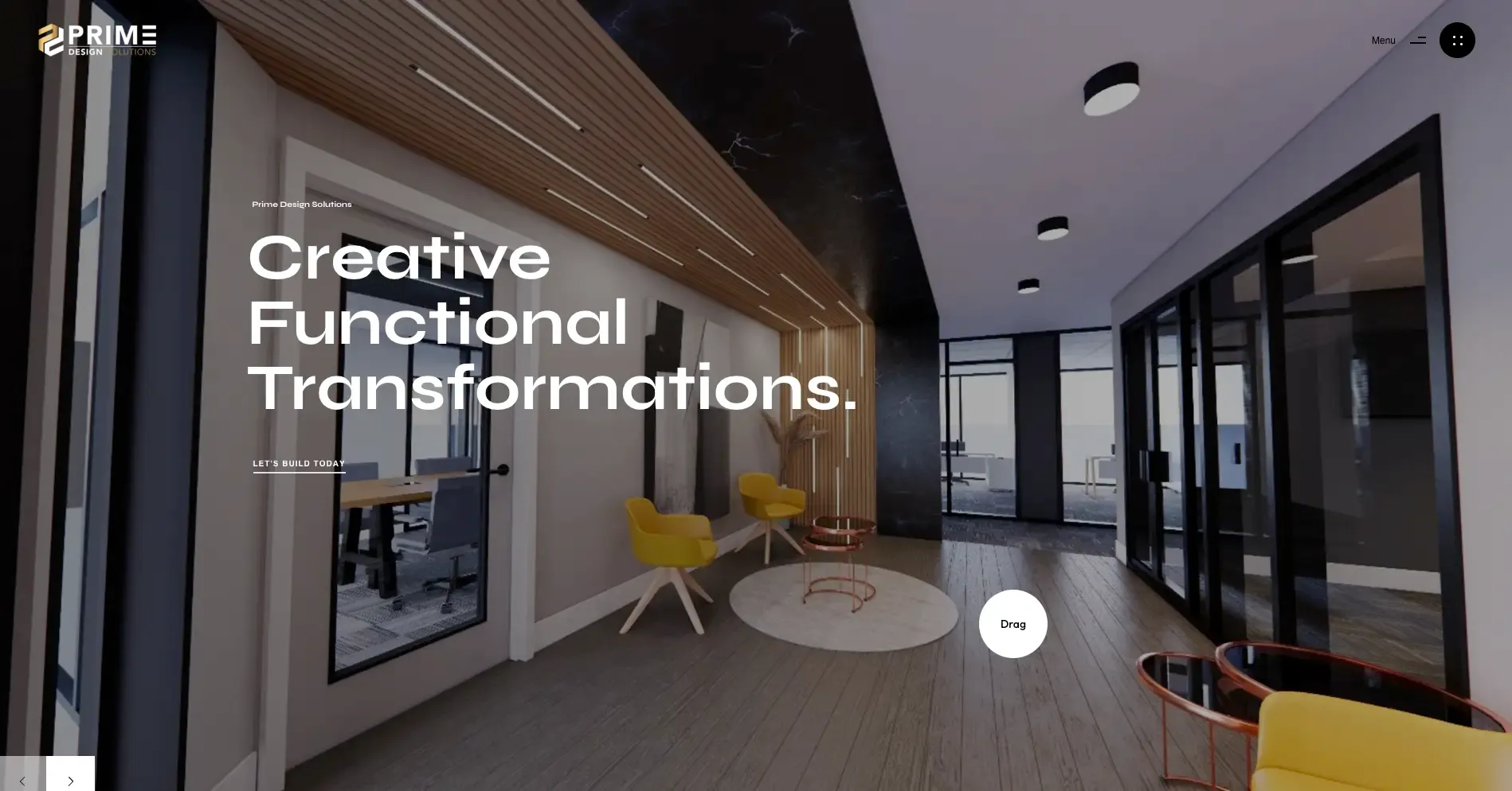 The previous Prime Design Solutions WordPress homepage, a stock template slider over an office interior rendering